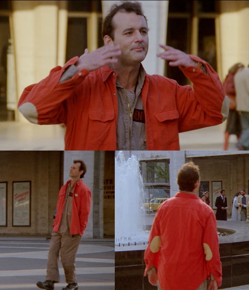 3 images showing peter venkman wearing an orangish red flannel shirt with tan elbow patches in the fountain scene from Ghostbusters