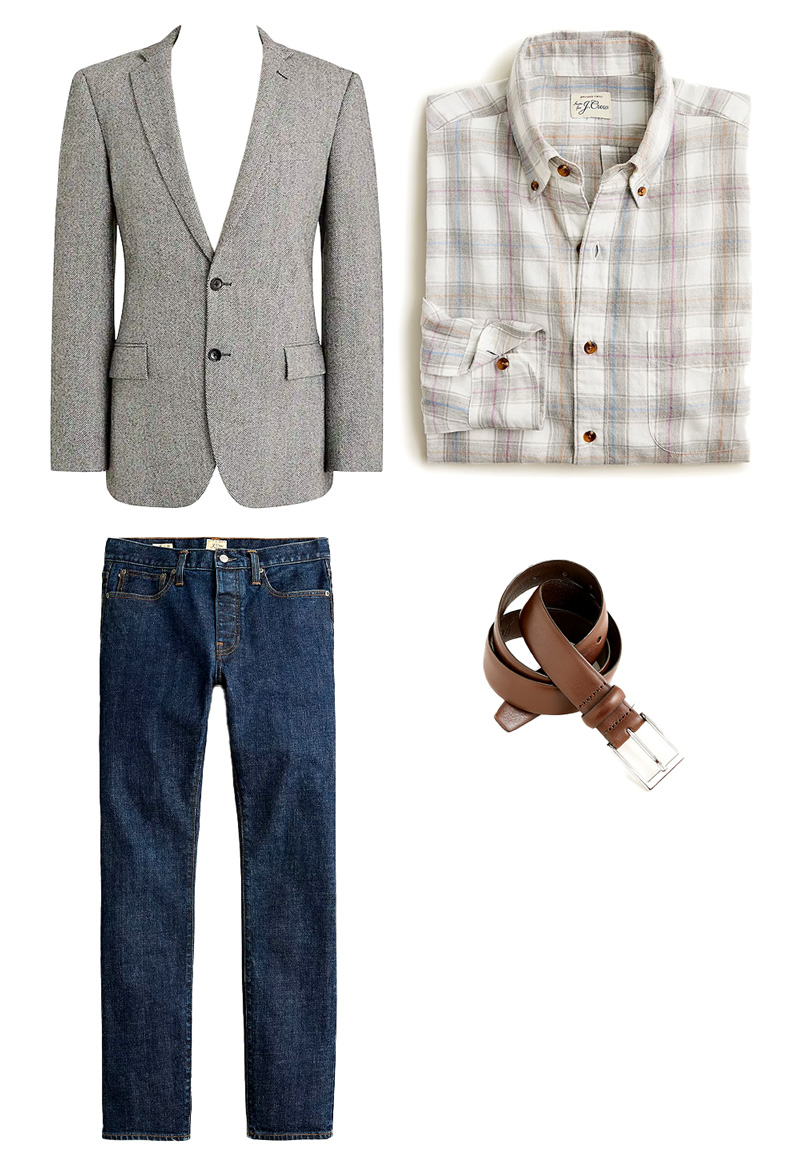Image displaying four men's fashion items. From top-left: A light gray blazer with black buttons. Beside it, a folded white checkered shirt with hints of blue and red and wooden buttons, branded 'J.Crew.' Below, a pair of dark blue denim jeans with classic stitch detailing. To the right, a coiled brown leather belt with a silver rectangular buckle.