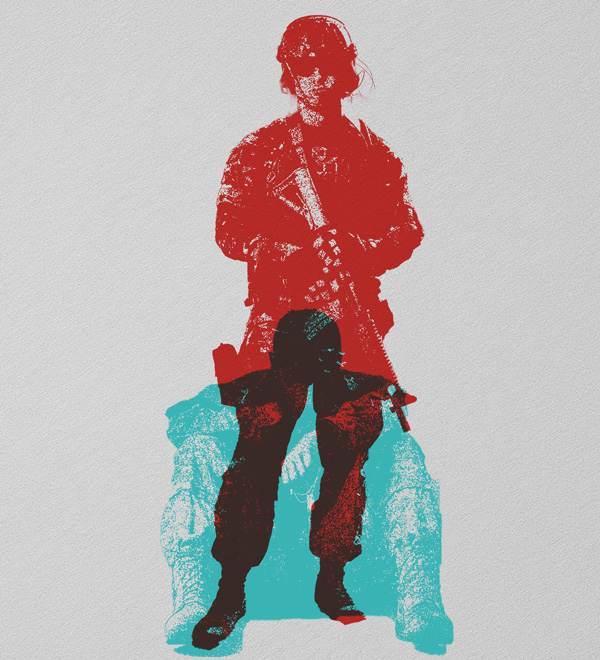 risograph dual exposure of a sitting disappointed soldier and a standing confident soldier