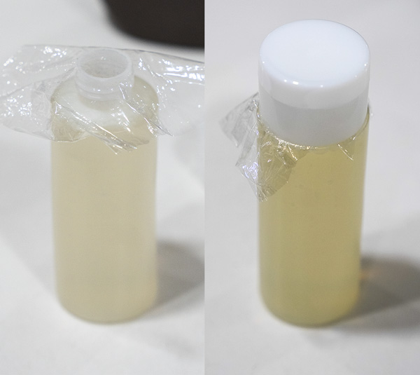side by side images showing plastic wrap on the mouth of a travel bottle and on the right with the lid on