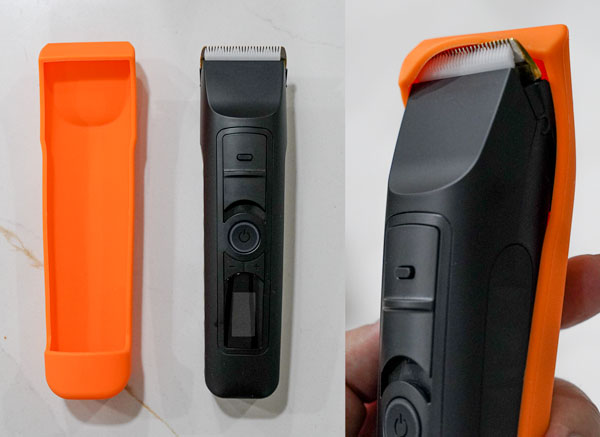 two side by side images showing an orange silicone sleeve that goves over the back of the brio beardscape trimmer to protect the blades while traveling