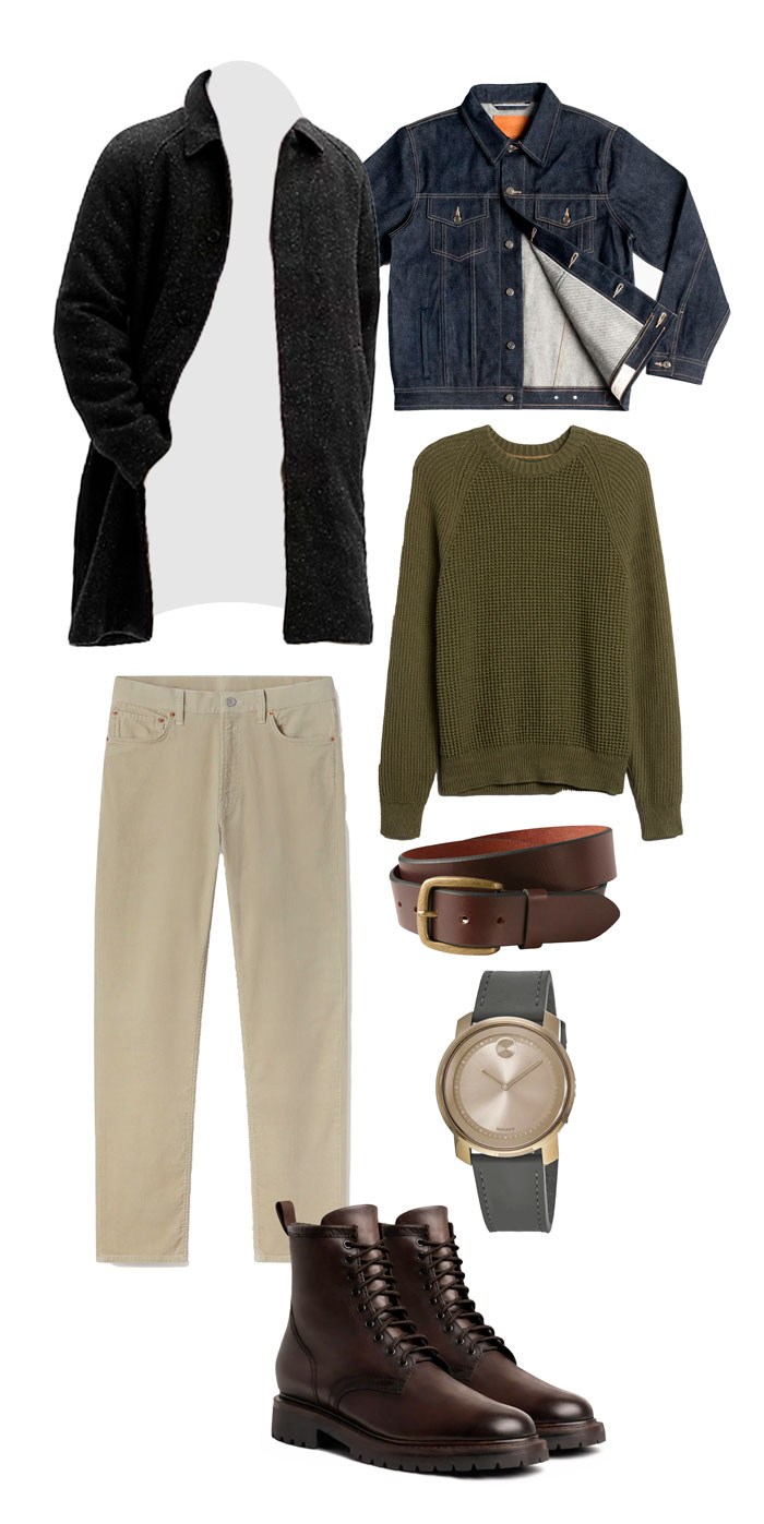 an outfit collage featuring product photos of a gray speckled car coat, dark blue trucker jacket, olive raglan sleeve sweater, brown leather belt with bronze buckle, bronze minimalist watch with gray leather strap, tan corduory pants, and brown leather chunky sole boots