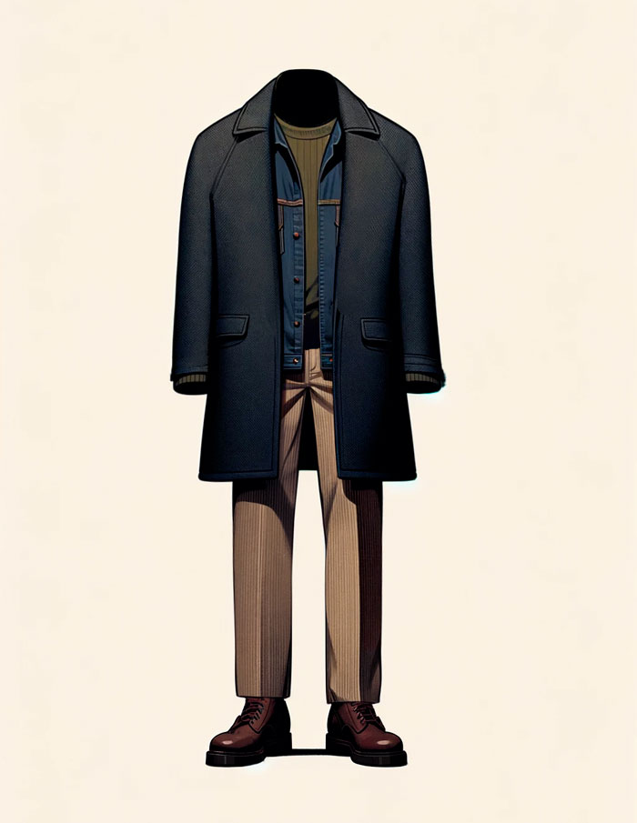 illustration of the getup, gray car coat, denim jacket, olive sweater, tan corduroysf and dark brown belt