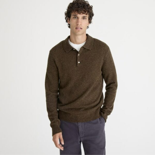 man wearing a wool nylon blend polo sweater
