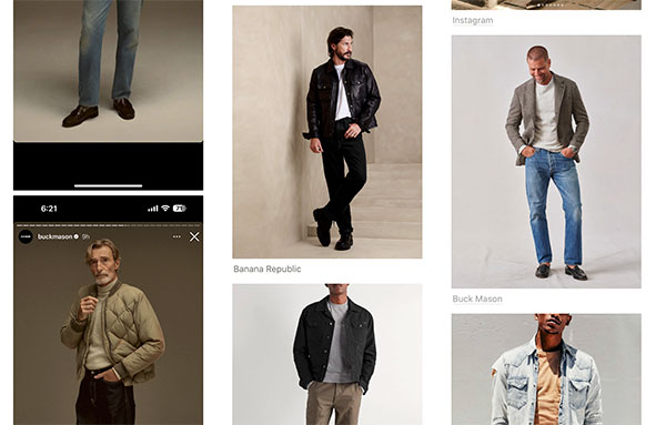 A screenshot of a personal style lookbook with a Collage of six men modeling various casual and semi-casual outfits. Top left: man in light blue jeans and dark brown shoes. Top middle: man in all-black ensemble with leather jacket. Top right: man in grey blazer, light blue jeans, and white sneakers. Bottom left: man in khaki bomber jacket and grey pants. Bottom middle: man in grey jacket, white shirt, and black pants. Bottom right: man in light blue denim jacket, white shirt, and beige pants. All men are posing against neutral backdrops.