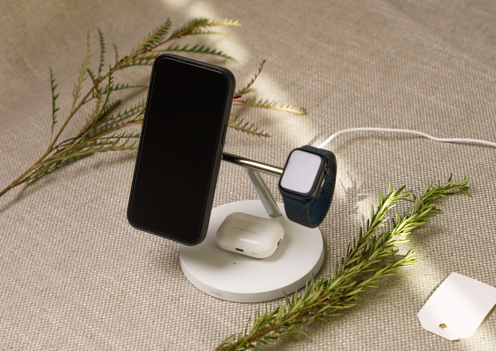 Primer Approved logo over 3 in one phone charger charging iphone, airpods, apple watch