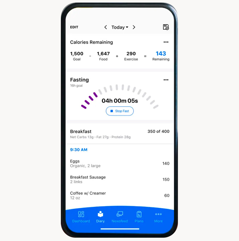 mockup of MyFitnessPal app UI indicating calorie counting, fasting timer, and food logging