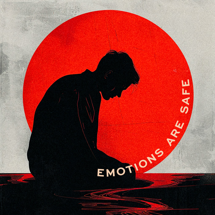 A graphic illustration featuring a stylized silhouette of a person hunched over with their head bowed down. They appear to be sitting at the edge of a body of water, with ripples emanating from where their hand touches the surface. Behind the figure is a large, bold red circle, suggestive of a setting or rising sun. Across the top portion of the circle, the text "EMOTIONS ARE SAFE" is inscribed in white capital letters. The overall color palette is monochromatic red and black, set against a textured grey background.