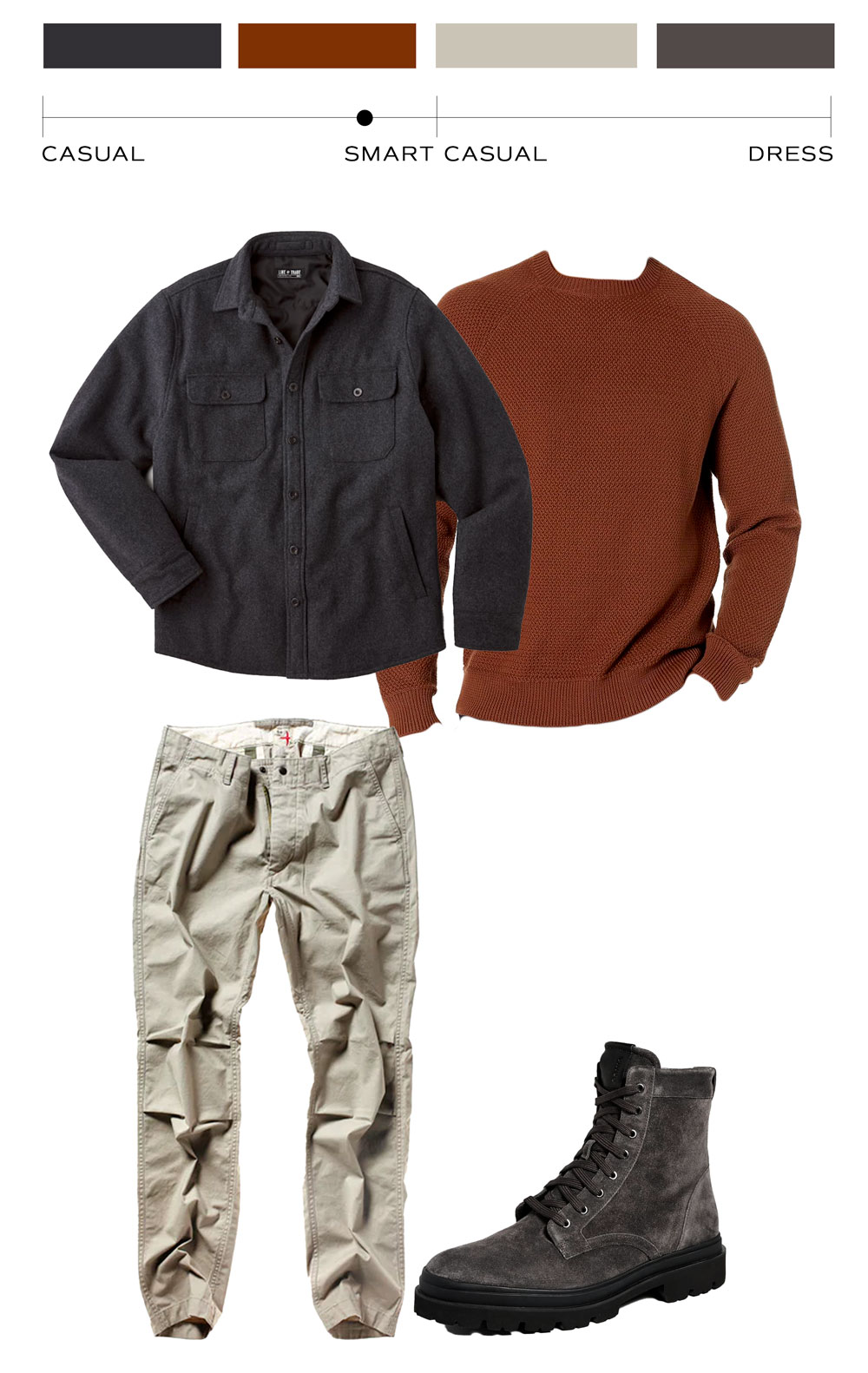 A layout of men's clothing and color palette for a smart casual dress code. At the top, three color swatches in dark grey, rust, and beige. Below, a dark grey button-up shirt, next to a rust-colored crew neck sweater. Underneath, light beige pants are displayed, and to the right, a pair of dark grey lace-up boots with a thick sole. The clothing items are arranged separately against a white background.