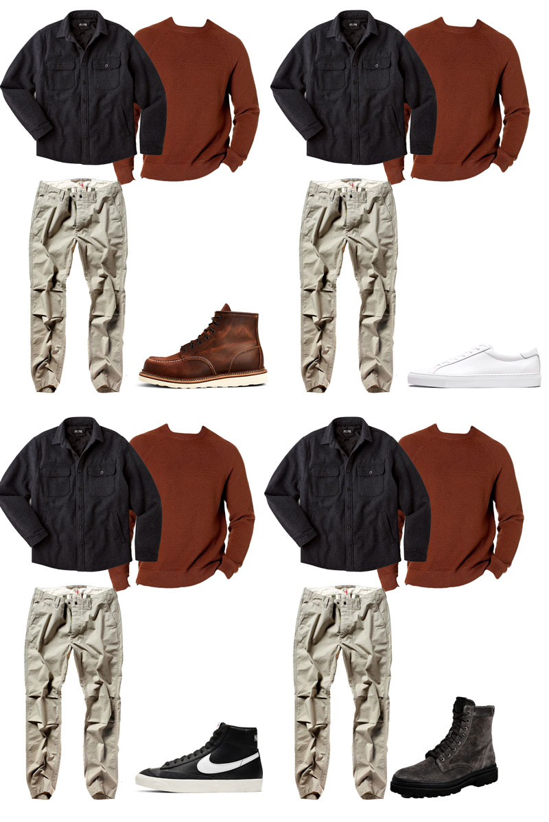 one outfit feature with 4 different shoe options. the outfit is the same charcoal shirt jacket, orange sweater, and chinos, shown with red wing boots, white sneakers, black high top nike sneakers, and gray suede boots
