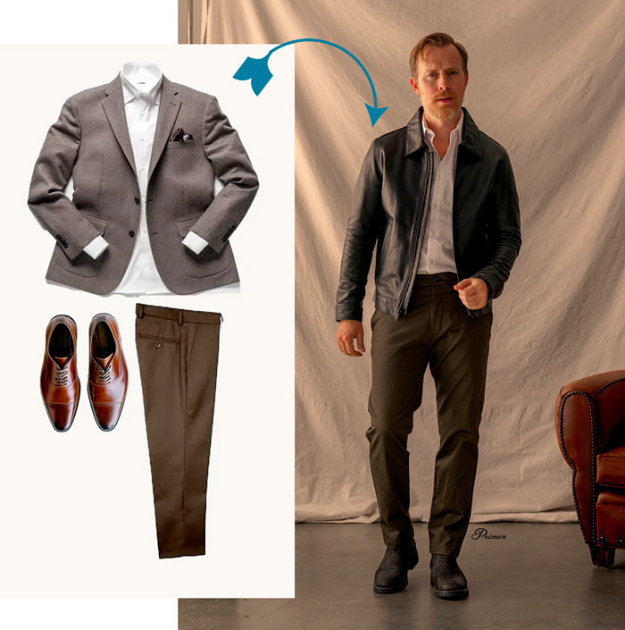 a business casual outfit with a blazer, dress shirt, dress pants, and dress shoes with an image of andrew snavely wearing a black leather jacket and boots over a dress shirt and dress pants for a balanced smart casual look connected by an arrow indicating a before and after