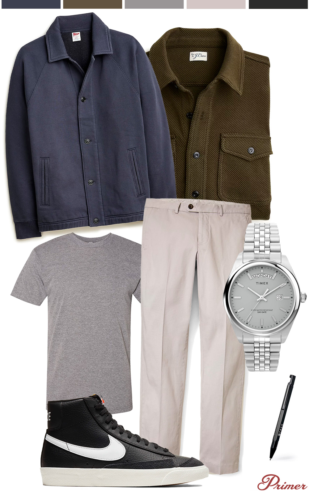 A collage of men's outfit items, including a navy blue jacket, a dark olive green shirt with two chest pockets, a pair of light beige chinos, and a grey crew neck t-shirt, and a pair of black high-top sneakers. A silver wristwatch with a white face displaying the day and date, and a black pen. Above the items, there are color swatches coordinating with the clothes and accessories. The logo "Primer" is at the bottom right corner.