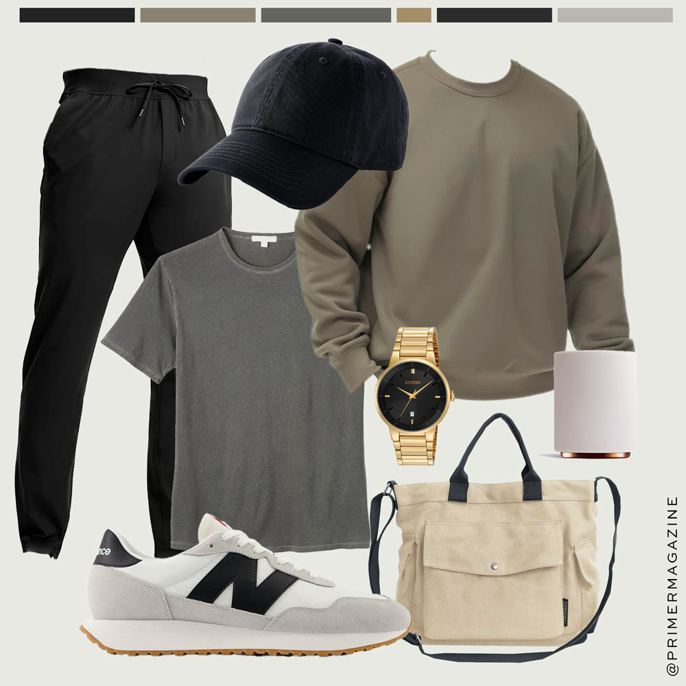 A collage creating a men's fashion outfit featuring items arranged on a neutral background, featuring black drawstring trousers, a black baseball cap, a grey crew neck t-shirt, a olive-grey crew neck sweatshirt, and white and grey sneakers with a white "N" logo. Accessories include a gold-toned watch with a black face and a cream-colored canvas tote bag with black handles. Above the items is a color palette with shades of black, grey, and khaki.