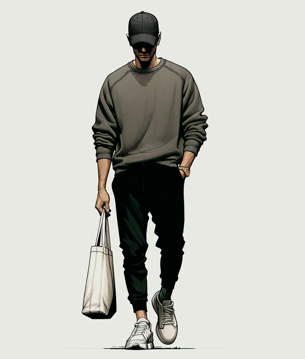 an illustration of an outfit on a man consisting of black drawstring trousers, a black baseball cap, a grey crew neck t-shirt, a olive-grey crew neck sweatshirt, and white and grey sneakers with a white "N" logo. Accessories include a gold-toned watch with a black face and a cream-colored canvas tote bag with black handles