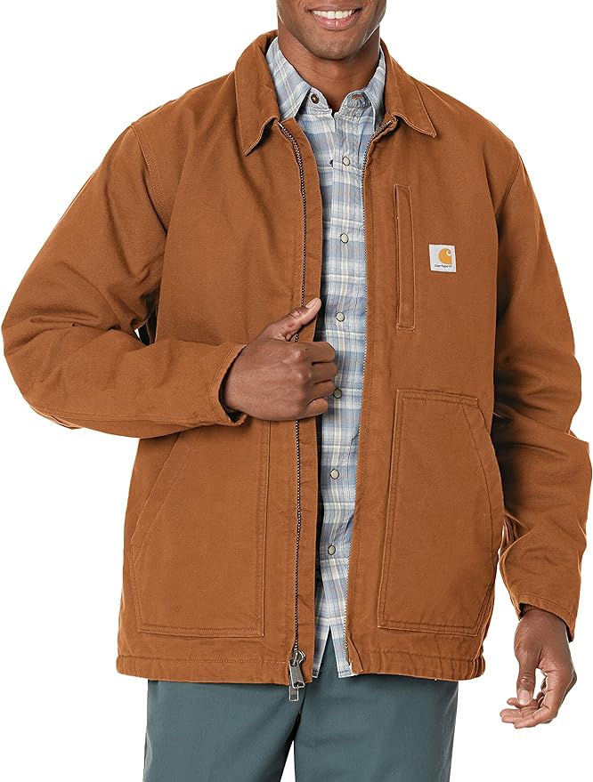a man wearing a sherpa lined field coat over a plaid shirt