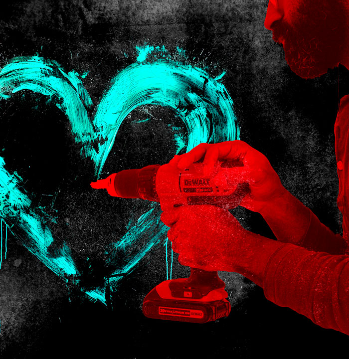 collage of a man using a power drill and a painted teal heart