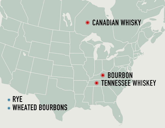 a map of North America with pin points for areas around the country from which different types of whiskey originate from