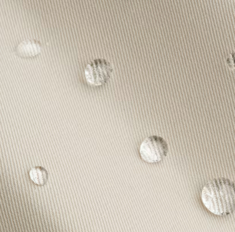close up of trench coat fabric with water droplets