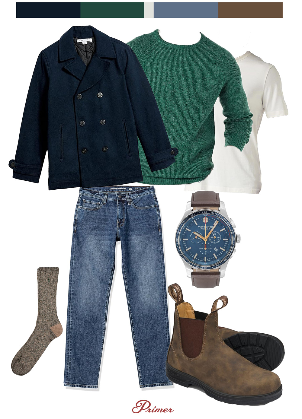 A clothing layout with a navy pea coat, green crewneck sweater, white t-shirt, blue jeans, brown wool socks, a brown leather-strapped wristwatch with a blue face, and brown Chelsea boots, arranged on a white background with the brand 'Primer' at the bottom.