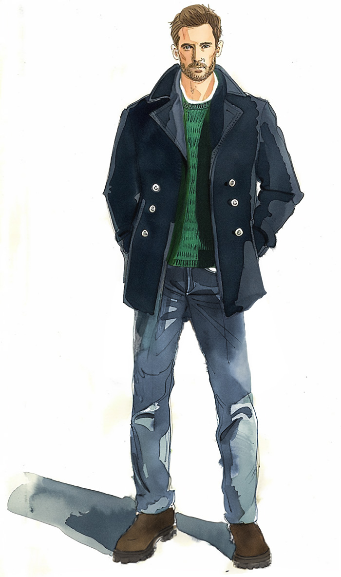 Illustration of a man standing upright wearing a navy blue pea coat, green crewneck sweater, distressed blue jeans, and brown boots. The man has short brown hair and a beard.