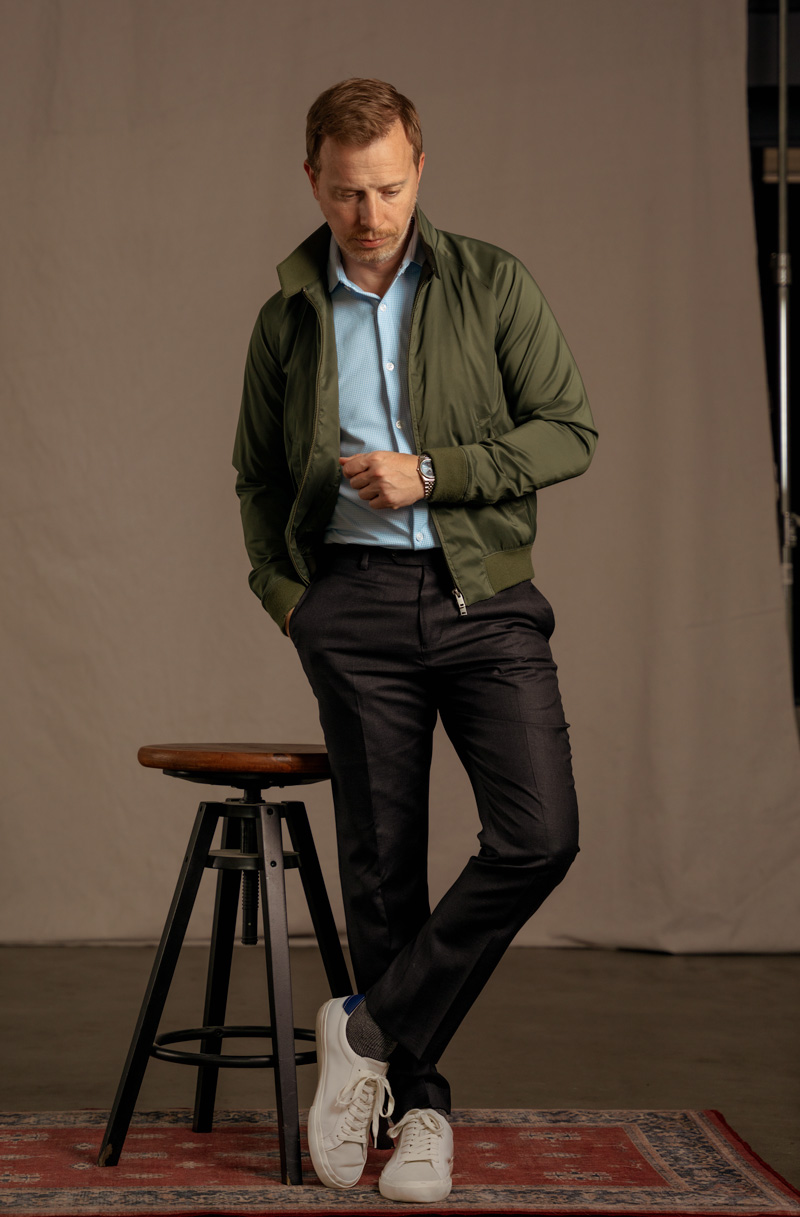 harrington jacket with business casual outfit