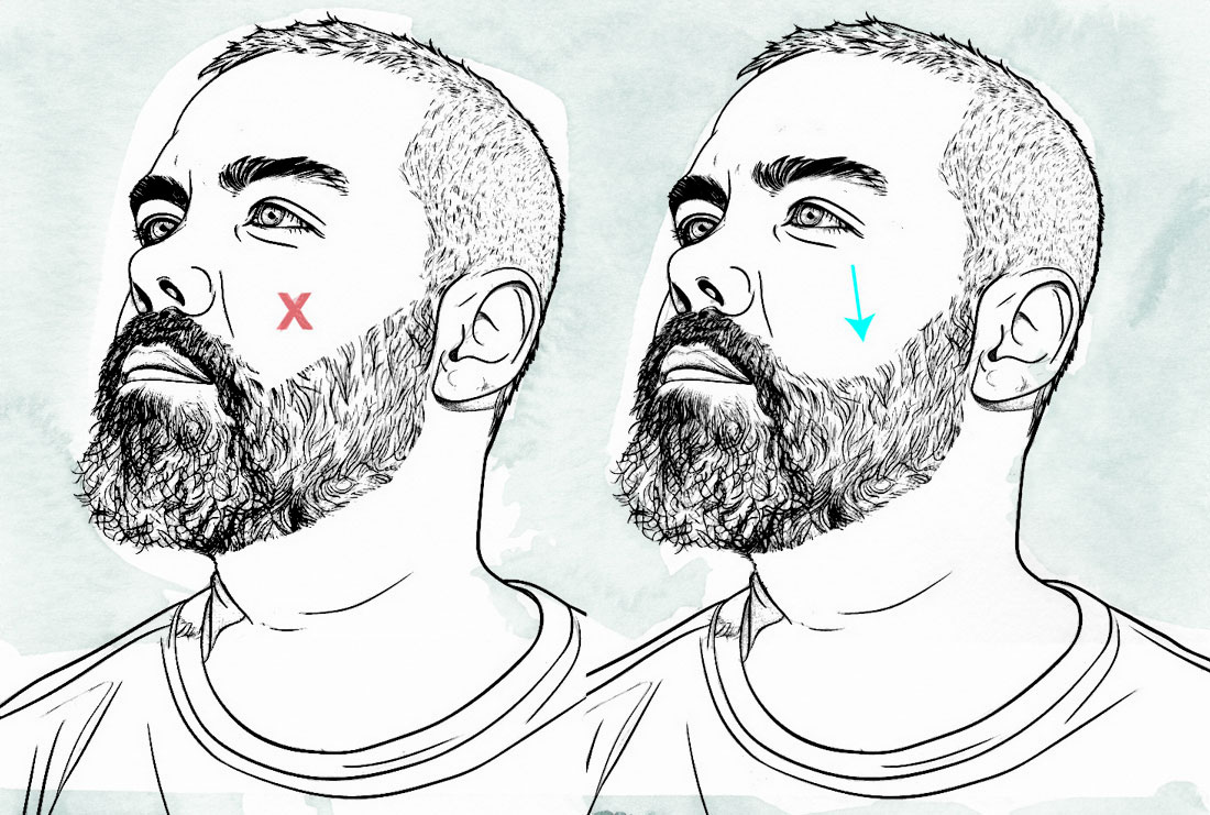 an illustration showing a man twice, on the left with his beard shaved in a straight line up his cheek, on the right with a natural rounded cheek line