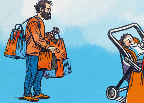 illustration of a tired father carrying a lot of things, standing next to a stroller