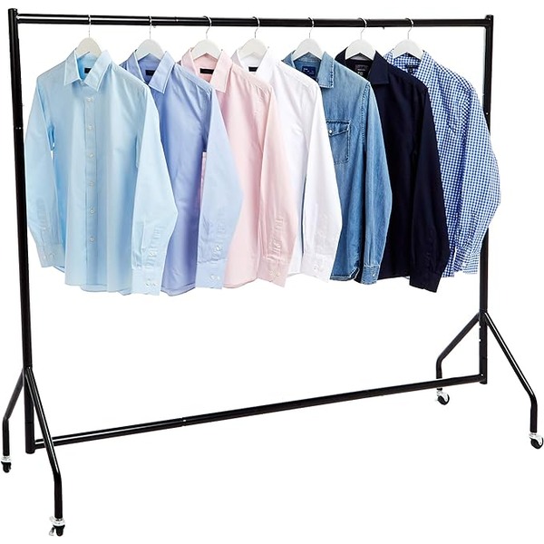 a rolling rack garment organizer with several mens shirts hanging 