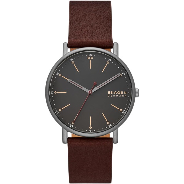 a minimalist watch with black dial and brown leather strap