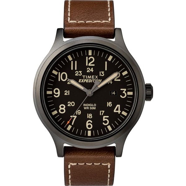 a watch with black dial and brown leather strap