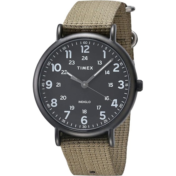 a watch with black dial and canvas style strap