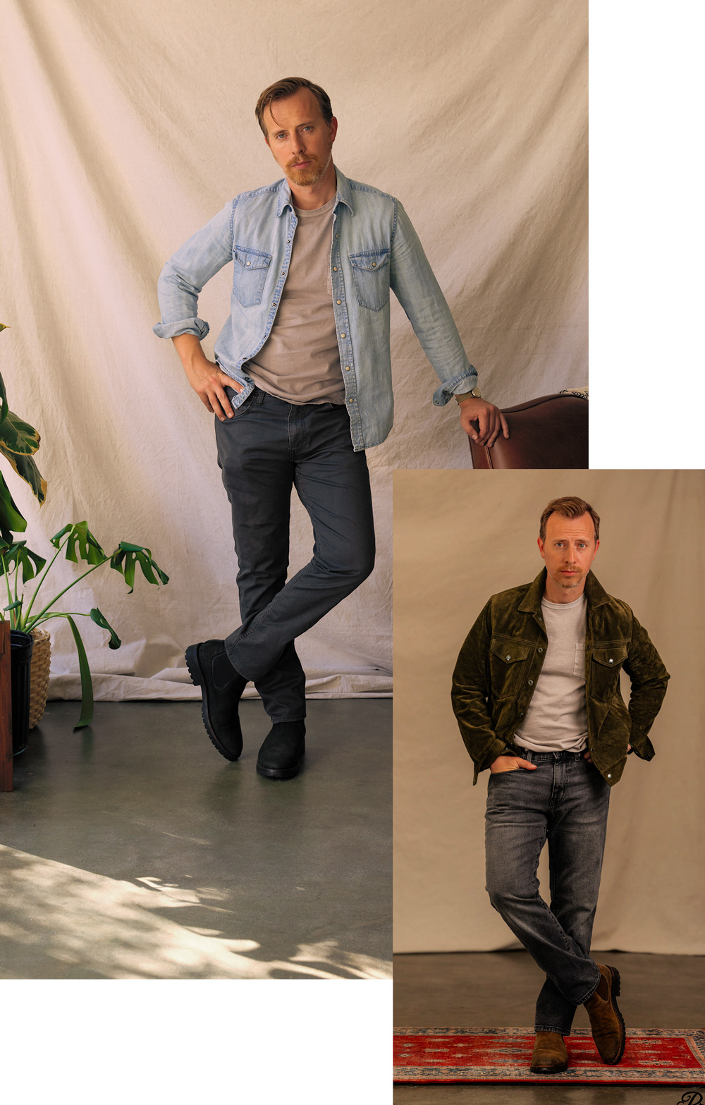 two photos of a man wearing the same gray tshirt and charcoal jeans, one with a denim western shirt and the other with a suede trucker jacket