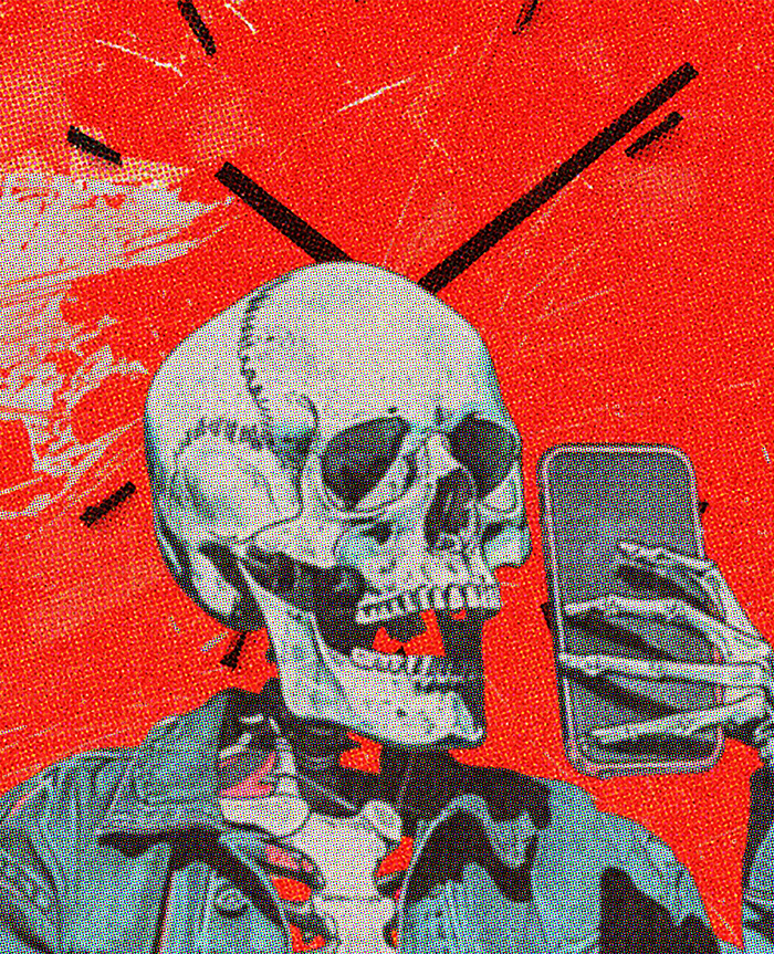 vintage illustration of a skeleton using a cell phone