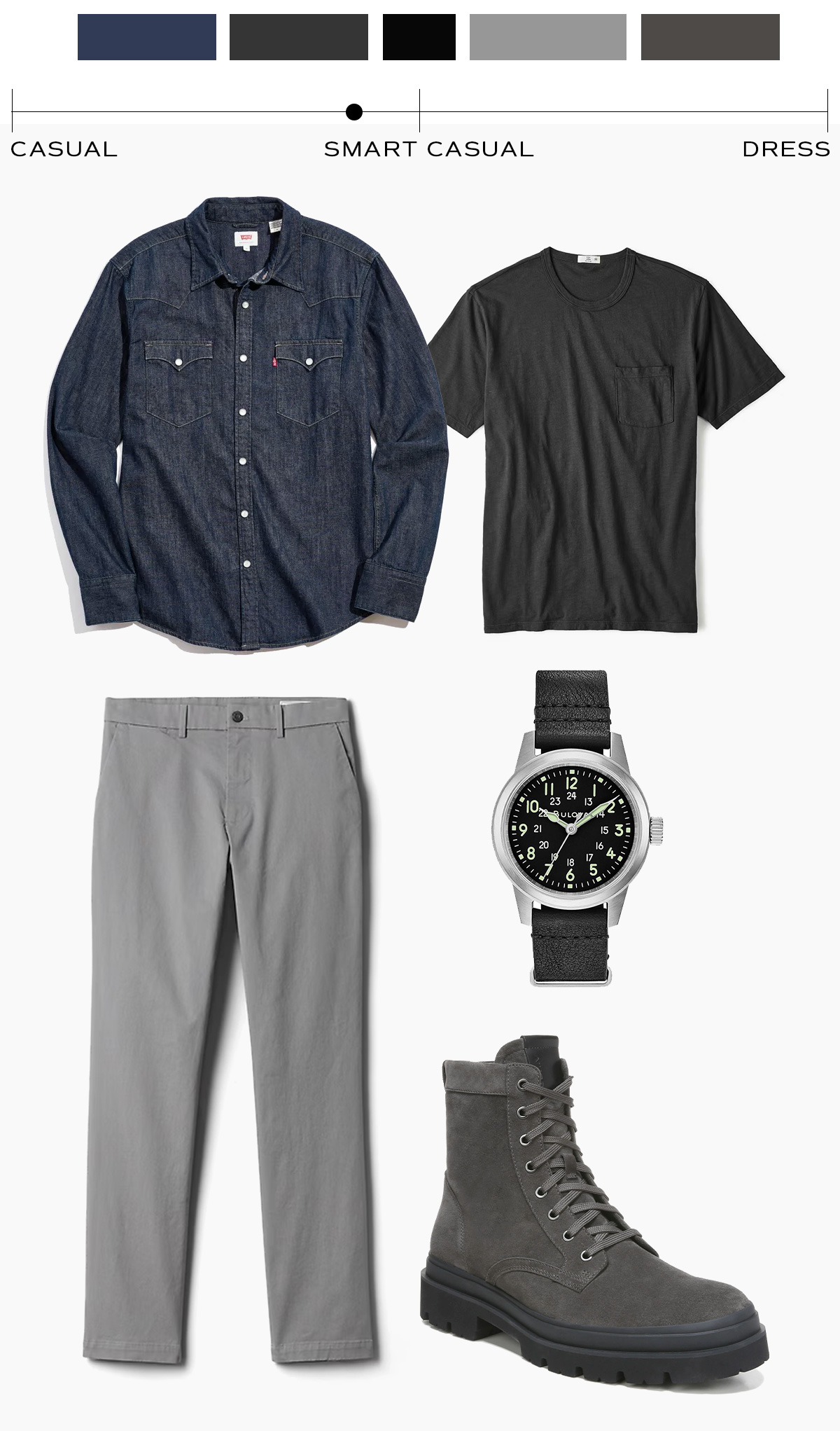 A collage displays a men's outfit with items aligned along a dress code scale from 'Casual' to 'Dress', marked slightly less formal than 'Smart Casual'. The outfit includes a denim button-up shirt with white buttons and two chest pockets with a red logo tag on the left pocket, paired with light grey trousers. Adjacent to these, a dark grey t-shirt, a black leather-strapped watch featuring a white face with both standard and military time indications, and grey suede lace-up boots are shown. Above, color swatches in various shades of blue and grey match the outfit items.