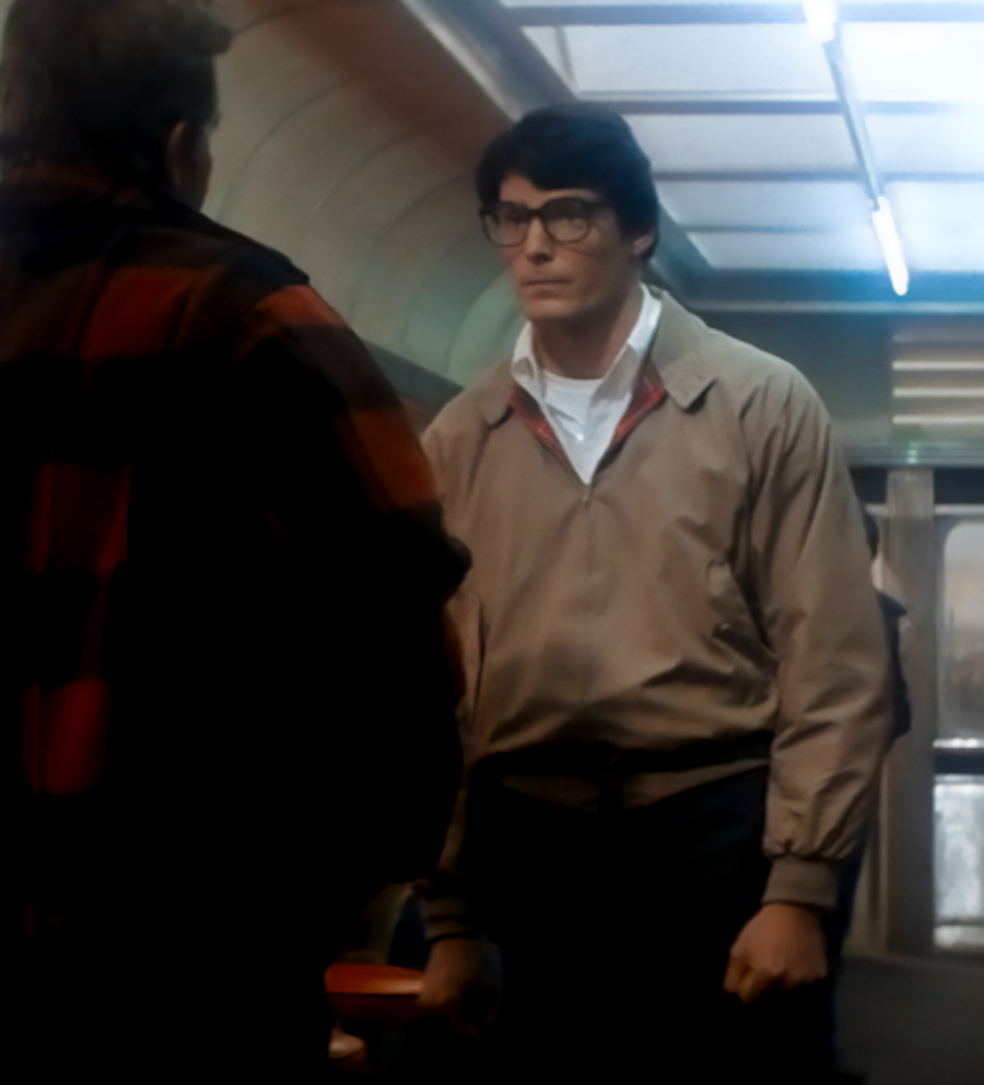 christopher reeve in Superman II wearing a tan Harrington jacket