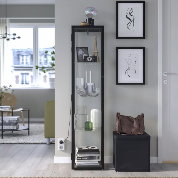 a glass door storage cabinet in a living room space with several items on display on the cabinet shelves