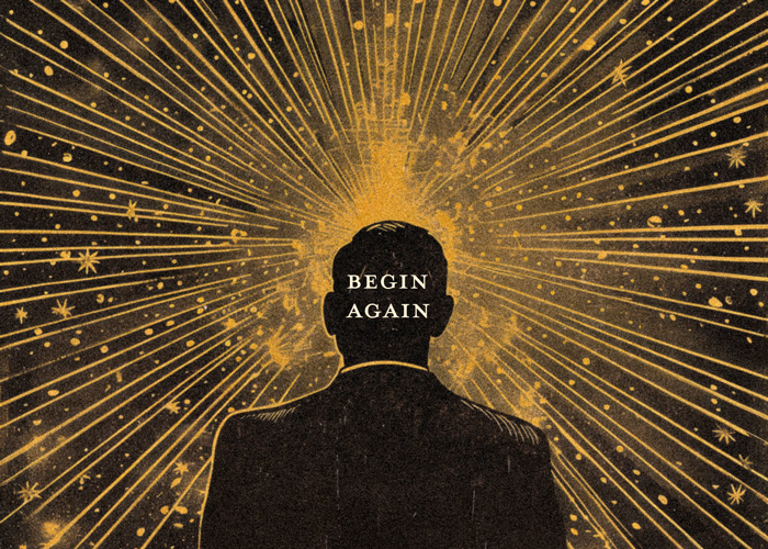 illustration of a man's silhouette with the words "Begin Again" in the middle and the Primer logo at the bottom