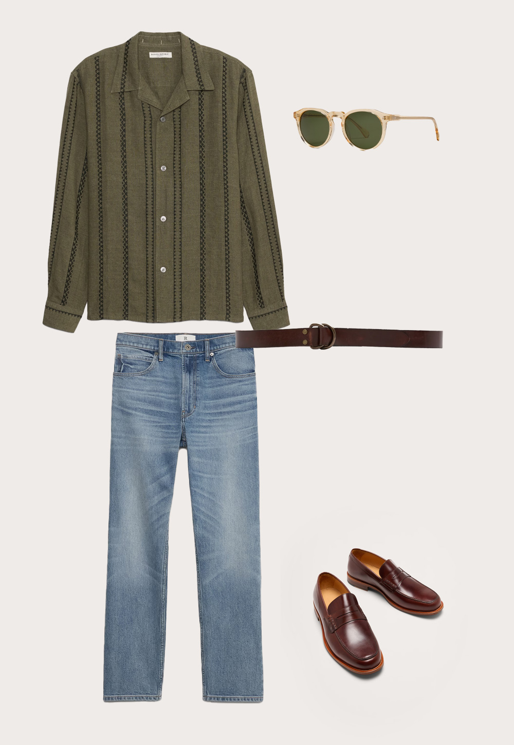 A guy getup with green clothes, sunglasses, brown belts and loaves, and lights that wash denim
