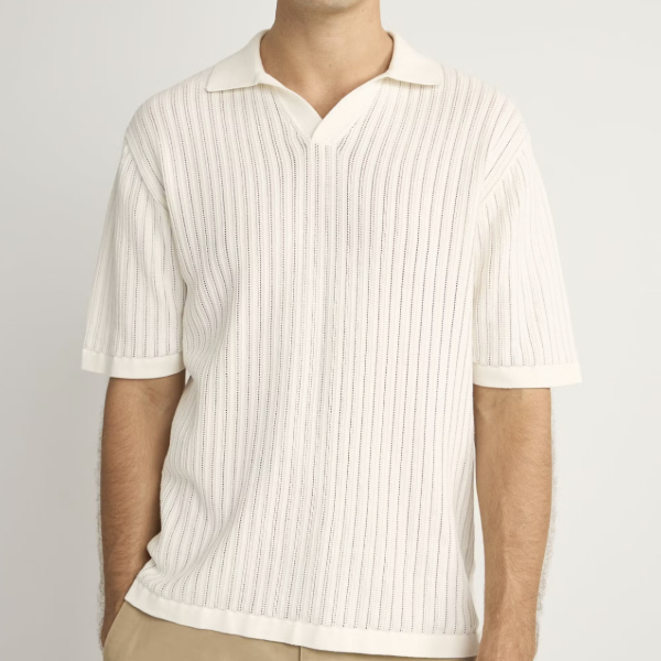 man wearing a short sleeve relaxed knit polo shirt