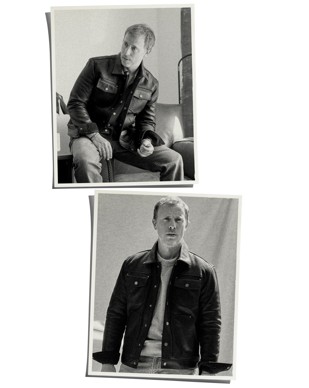 two printed photos of andrew wearing thursday boots roughout leather cruiser jacket