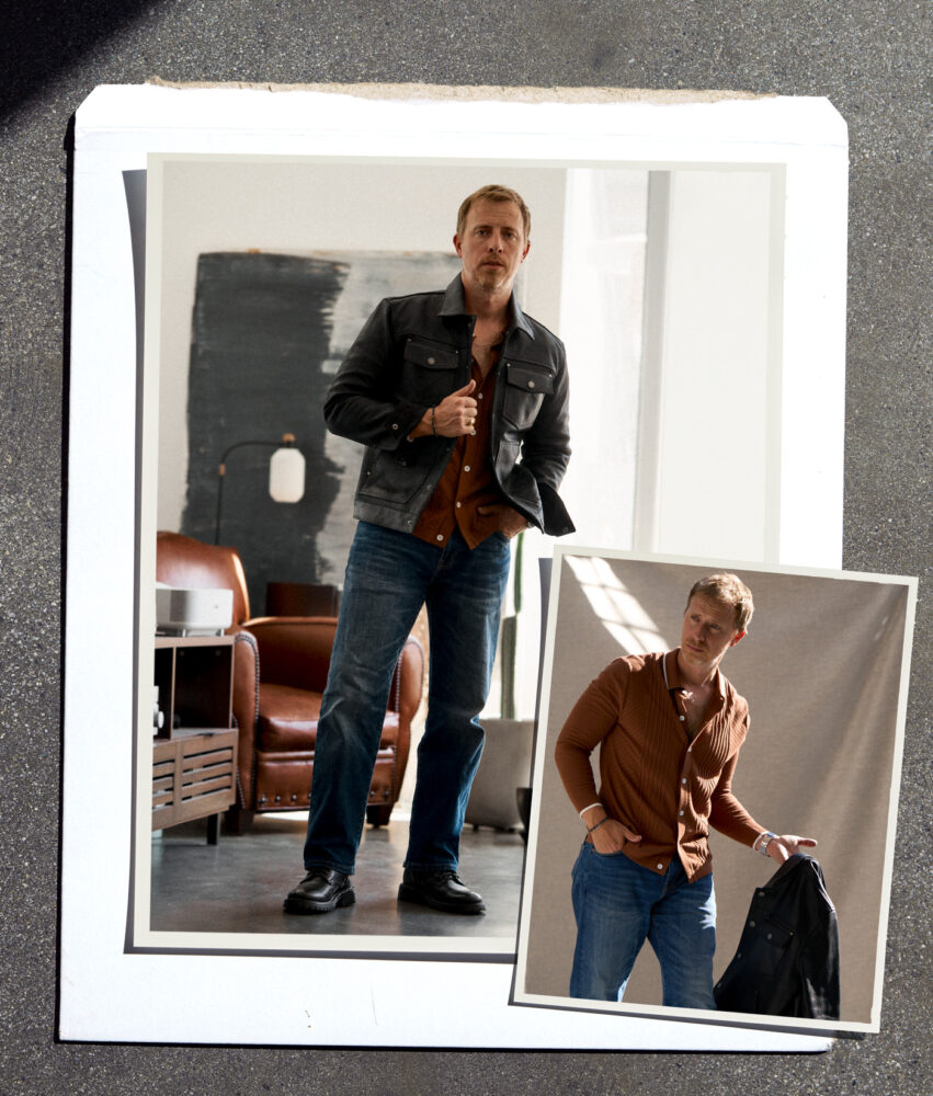 two photos showing black leather jacket over a sweater polo with jeans and black boots