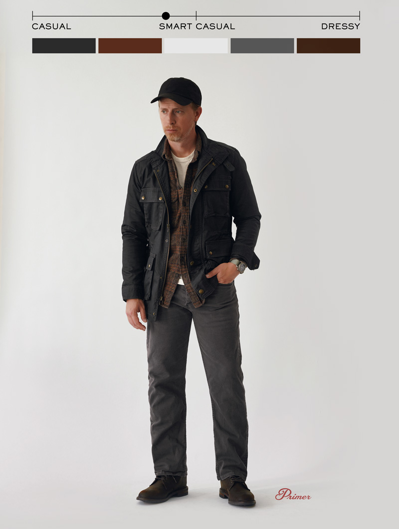 A man stands against a plain white background wearing a black baseball cap, a dark utility jacket with multiple pockets, a brown plaid flannel shirt layered over a white t-shirt, dark gray jeans, and brown leather shoes. The outfit is categorized as “smart casual” on a style spectrum displayed at the top of the image, which ranges from casual to dressy with color swatches beneath. The logo “Primer” appears in red text at the bottom right.