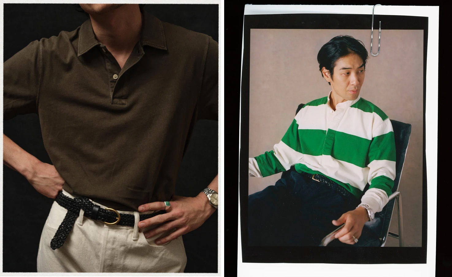 two photos of models wearing braided belts, one from buck mason the other from drakes