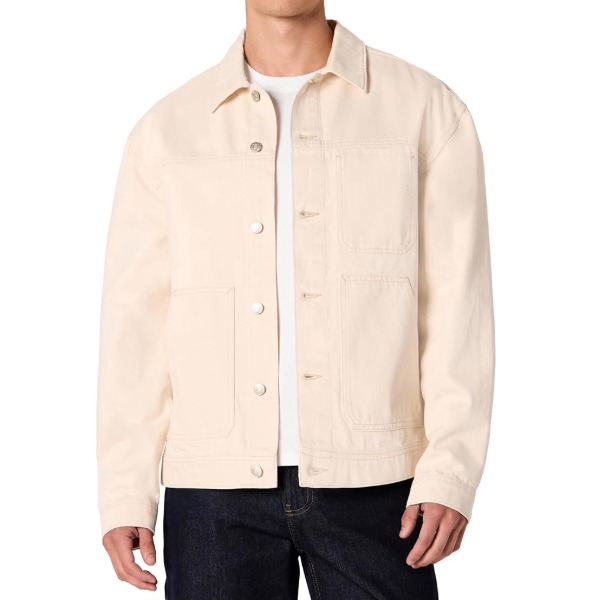 man wearing amens Rigid Denim Relaxed-Fit Utility Jacket