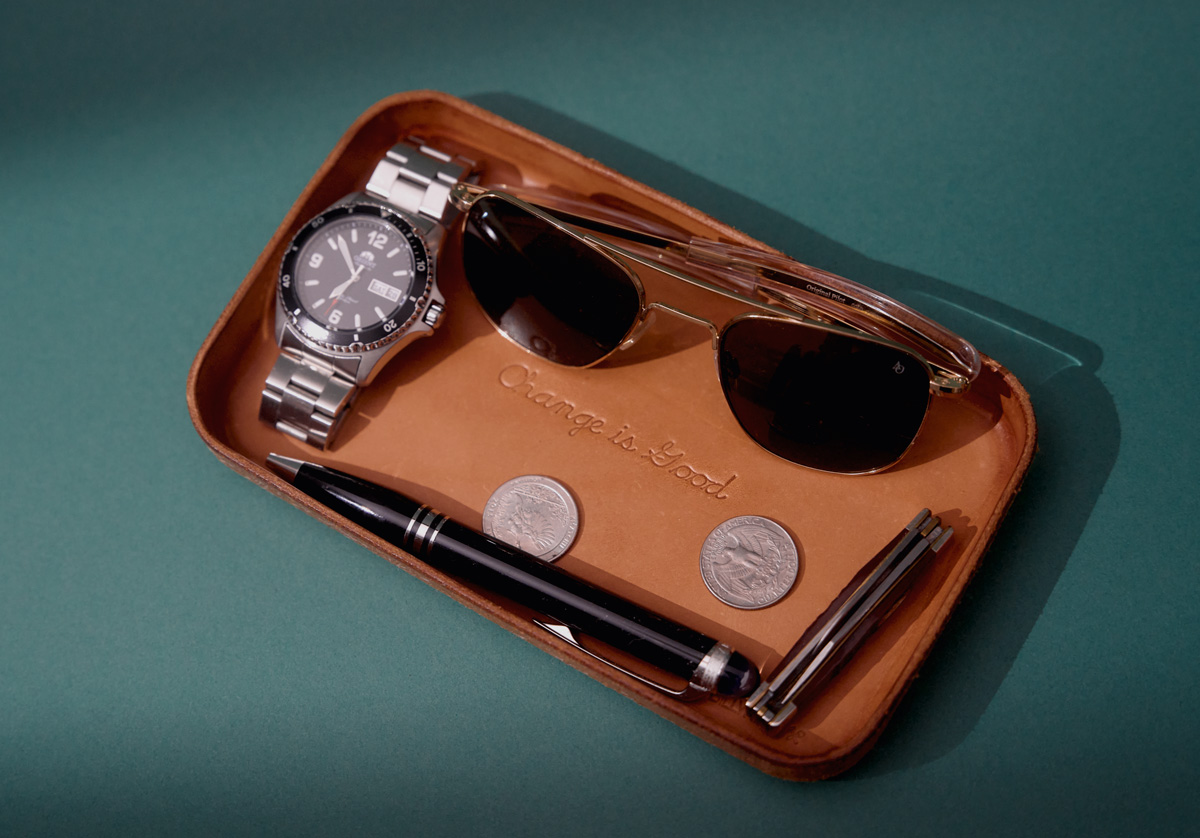 leather valet tray that says change is good