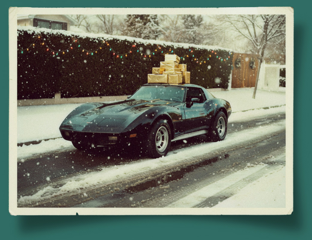 gift-ideas-men_green_header a vintage photo of a sportscar with gifts stacked on top within a snowy scene