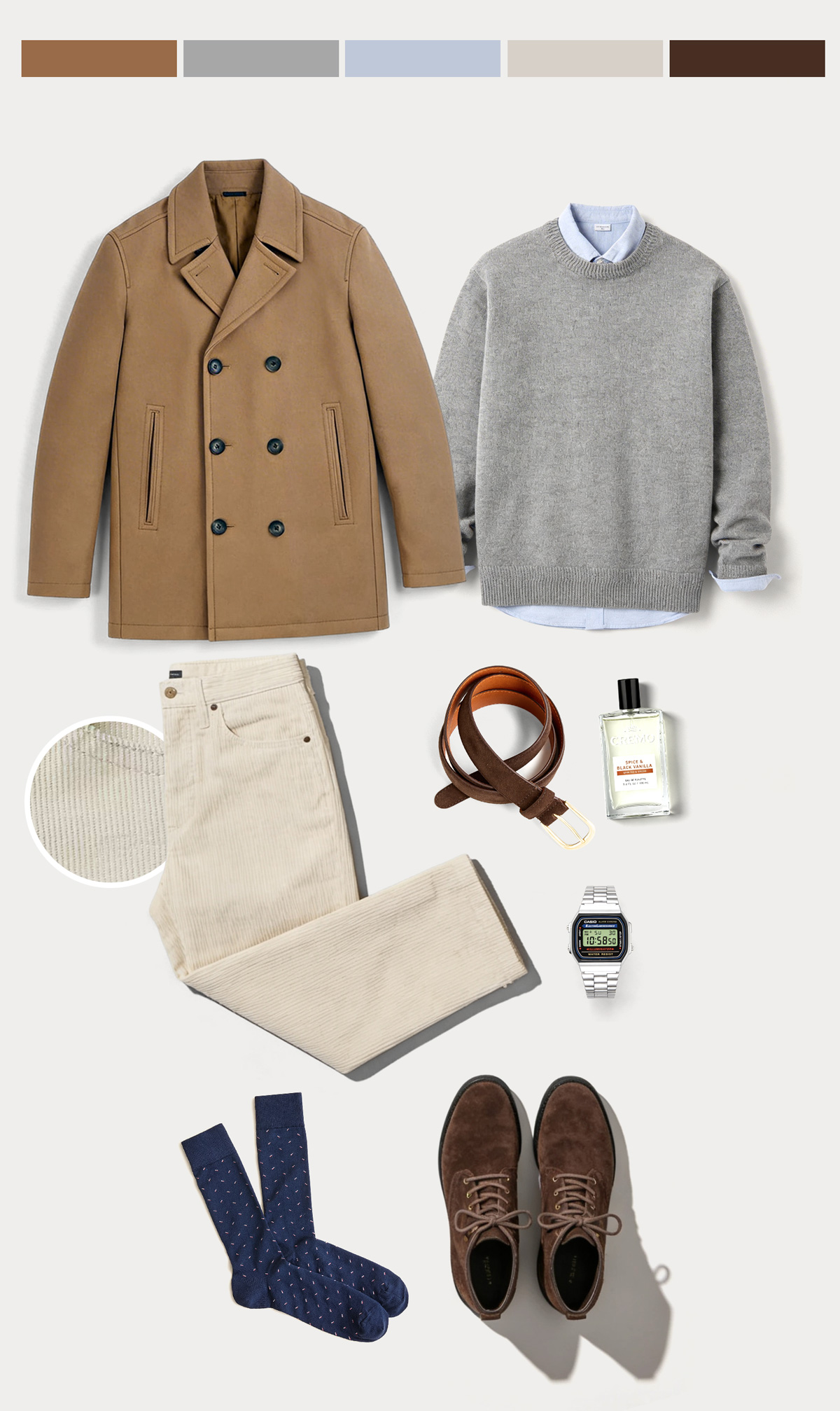 A flat lay outfit consisting of a camel double-breasted peacoat, a gray crewneck sweater layered over a light blue oxford shirt, cream corduroy trousers, brown suede lace-up boots, navy dotted dress socks, a tan leather belt, a Casio digital watch, and a small bottle of fragrance, arranged on a light gray background with a color palette strip across the top showing camel, gray, light blue, cream, and dark brown.