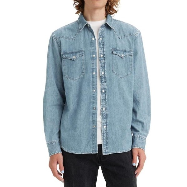man wearing levi's classic western style shirt over a crew neck shirt and pants