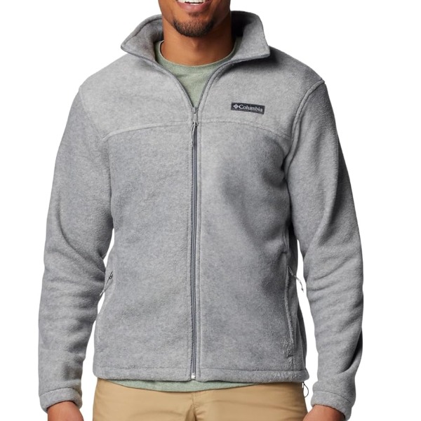 man wearing a fleece full zip jacket and pants