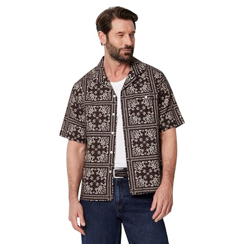 Amazon Essentials men's short-sleeve linen blend shirt in dark maroon bandana pattern